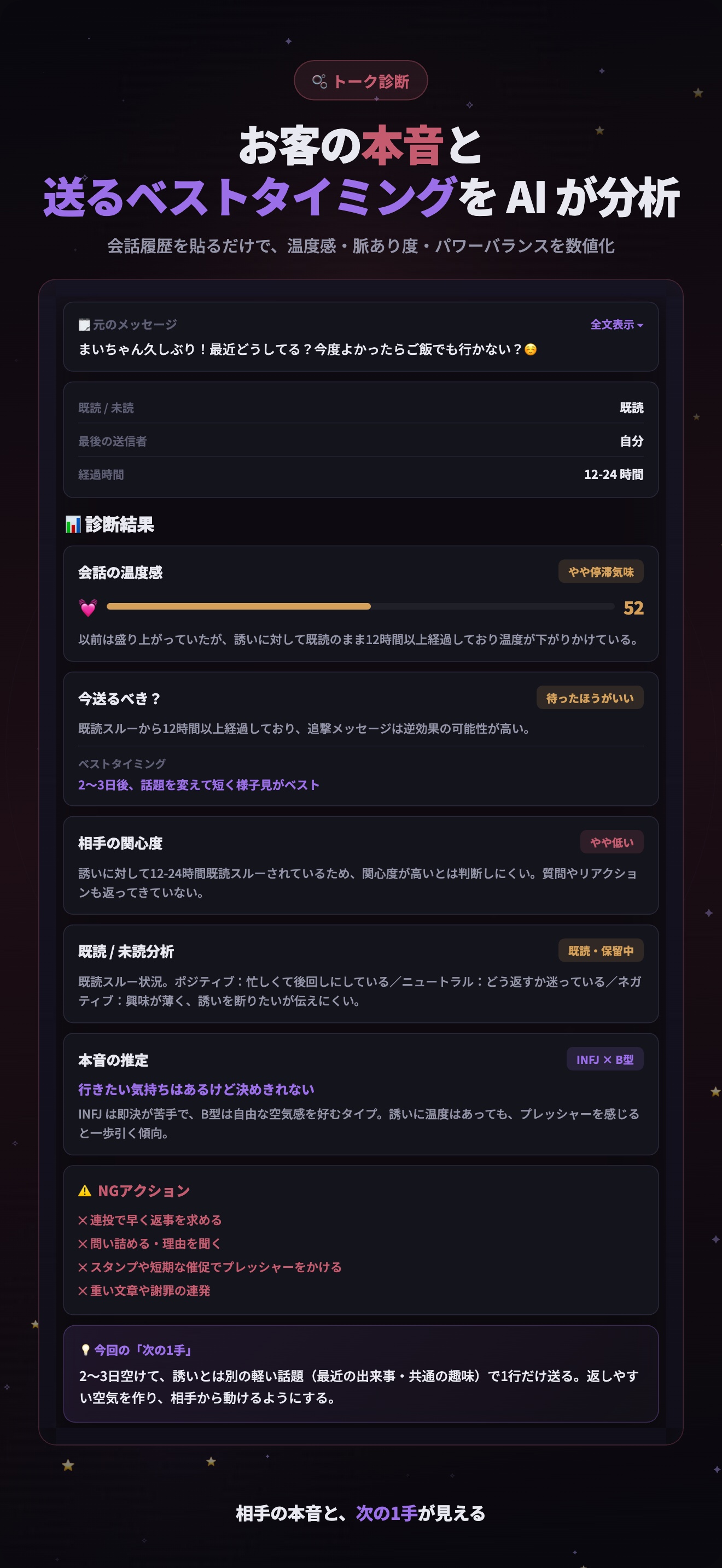 リプアイ トーク診断画面 - 既読スルーの理由・脈あり度・本音をAIが数値で診断