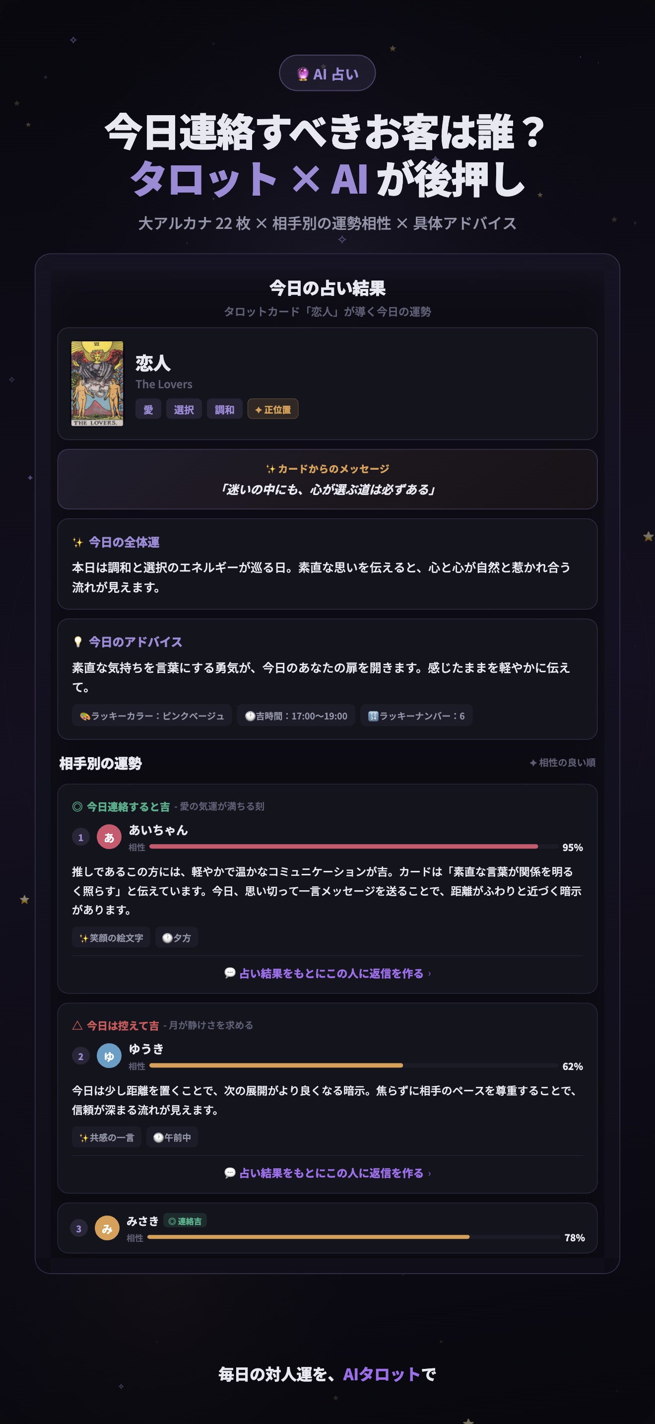 リプアイ AIタロット占い画面 - 大アルカナ22枚で今日連絡すべき相手をAIが占う